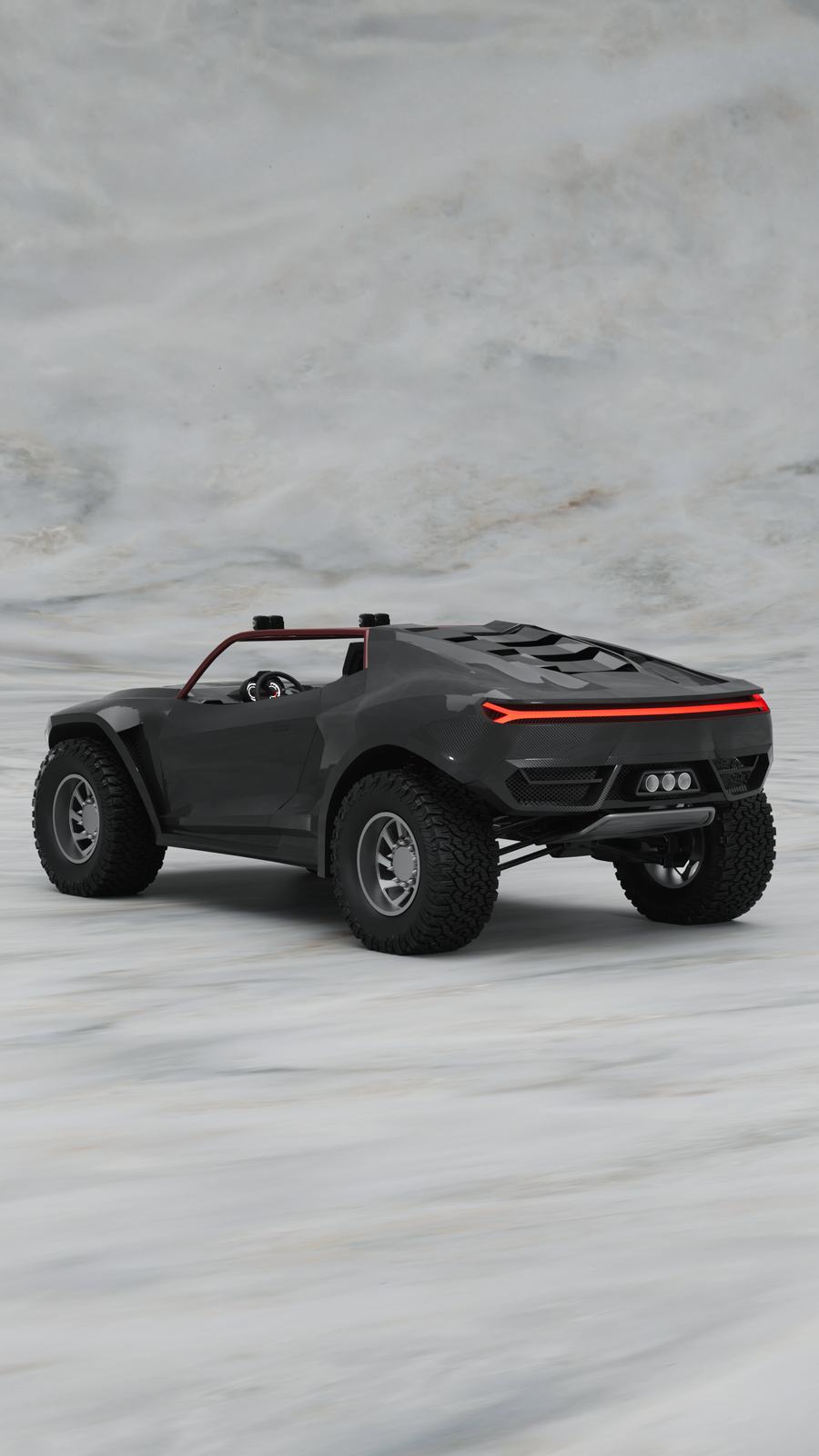 Carbon-bodied off-road buggy, rear three-quarter view